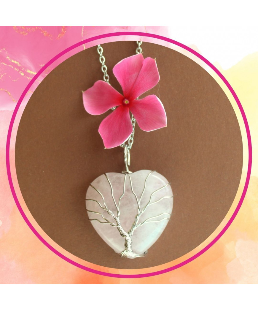 Pendentif Cœur Arbre de vie en Quartz rose