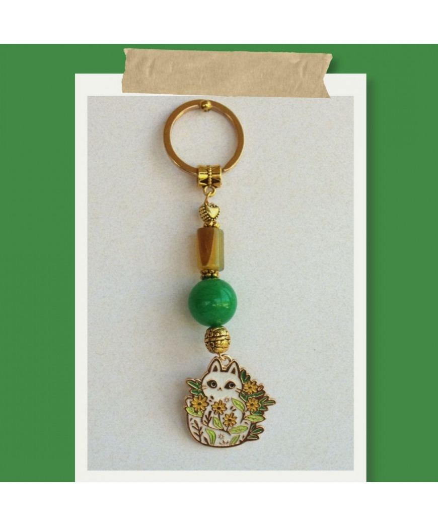 Porte-clefs Chat en Jade vert et Agate jaune