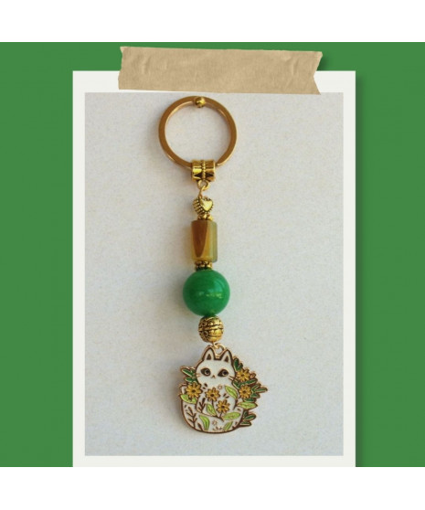 Porte-clefs Chat en Jade vert et Agate jaune