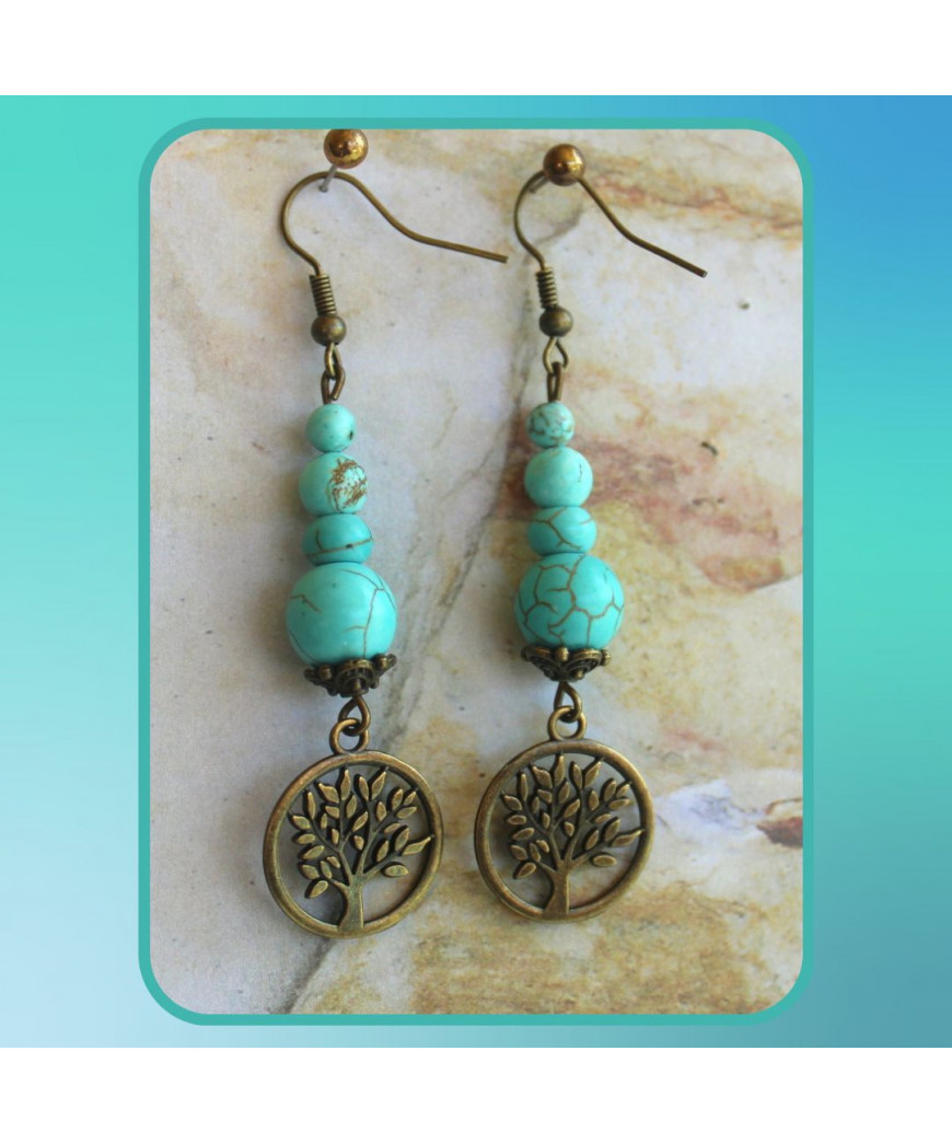 Boucles d'oreilles Arbre de Vie en Turquoise