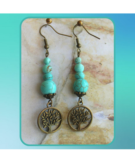 Boucles d'oreilles Arbre de Vie en Turquoise