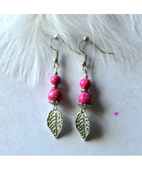 Boucles d'oreilles feuilles en Jaspe Sédiments d'Océan rose