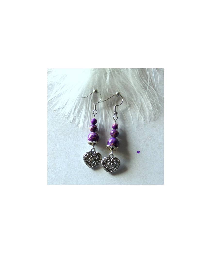 Boucles d'oreilles cœurs en Jaspe Sédiments d'Océan violet