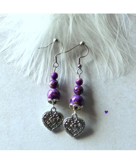 Boucles d'oreilles cœurs en Jaspe Sédiments d'Océan violet