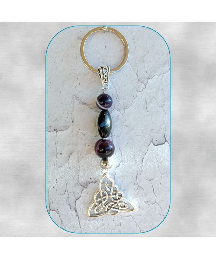 Porte-clefs Triquetra en Agate noire et violette