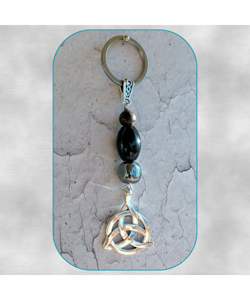 Porte-clefs Triquetra en Hématite, Œil de tigre et Agate noire