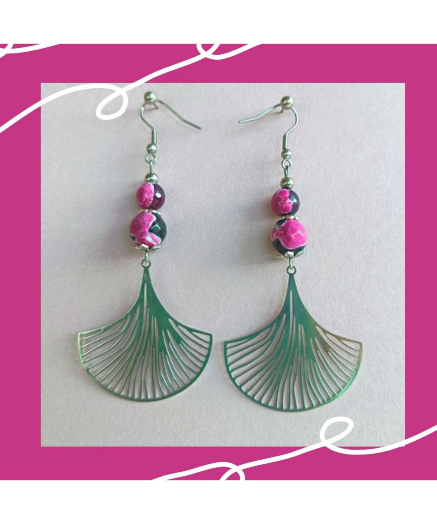 Boucles d'oreilles Gingko en Agate feu rose