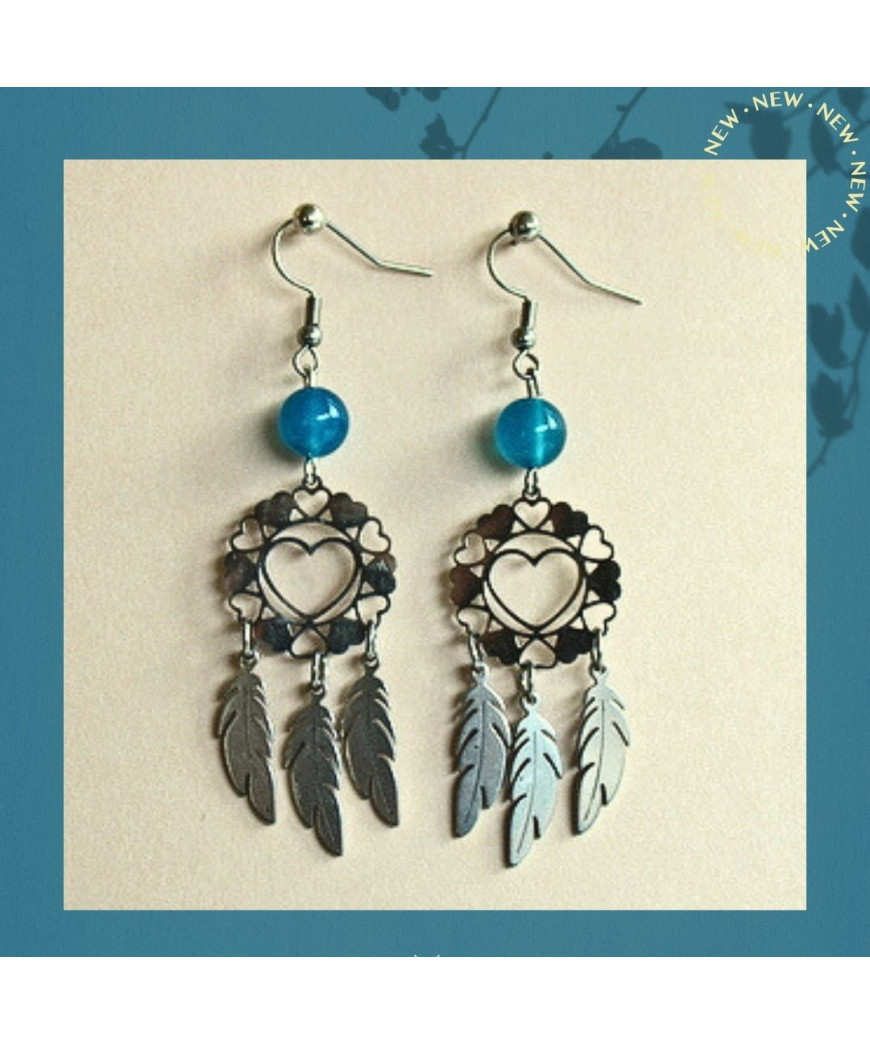 Boucles d'oreilles Capteur de rêves en Agate bleue