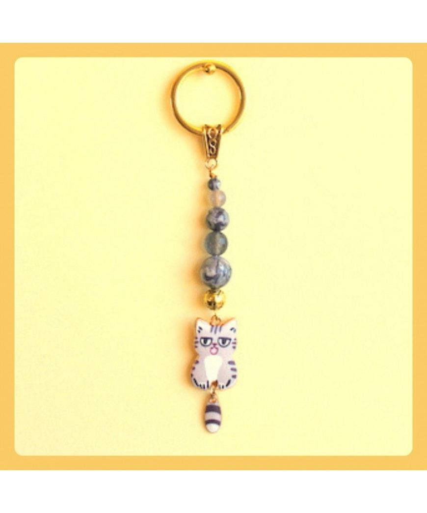 Porte-clefs Chat en Agate grise