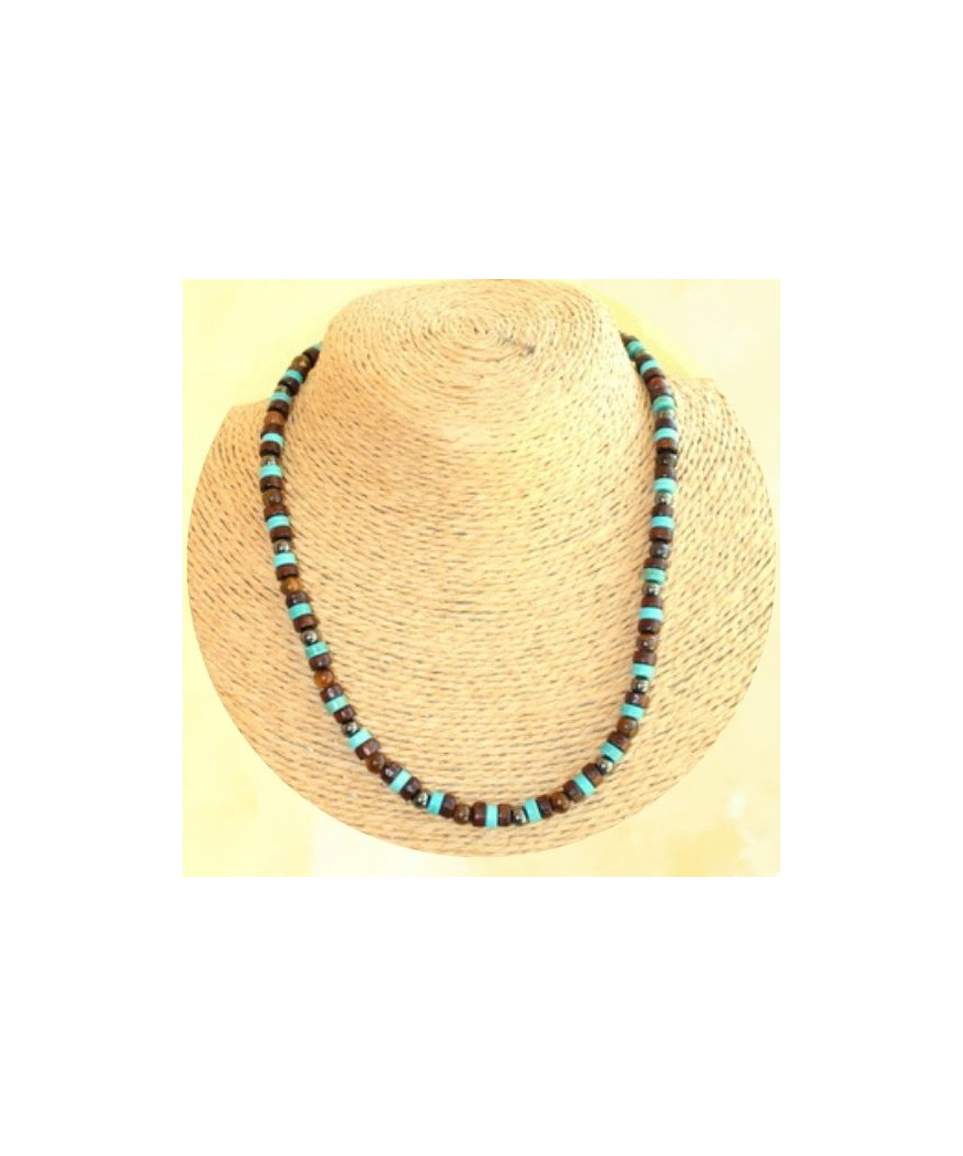 Collier en Œil de tigre, Hématite, Turquoise