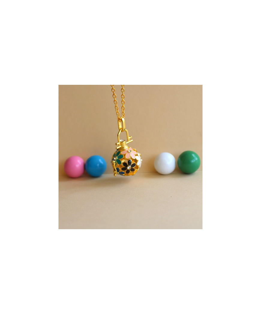 Pendentif Bola Fleurs multicolores et doré