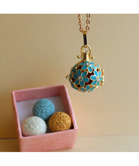 Pendentif Bola Fleurs bleu turquoise et doré