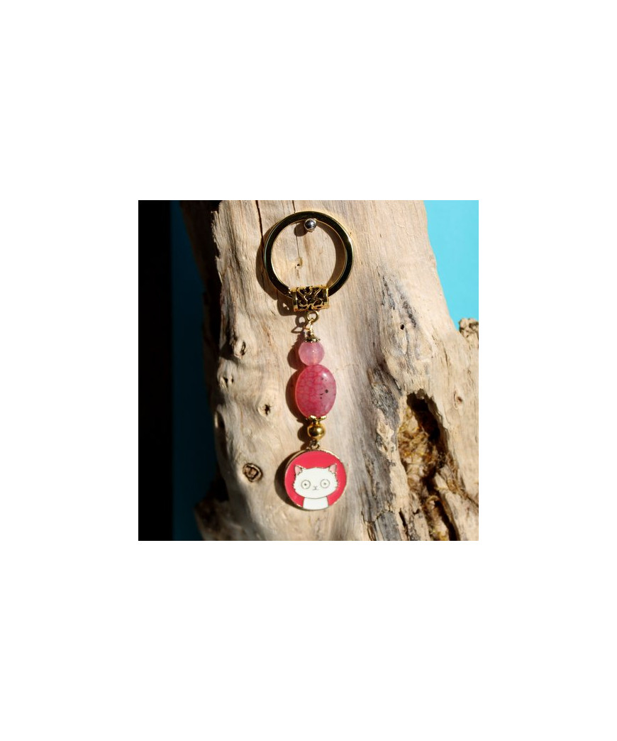 Porte-clefs Chat en Agate rose