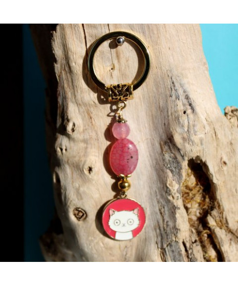 Porte-clefs Chat en Agate rose