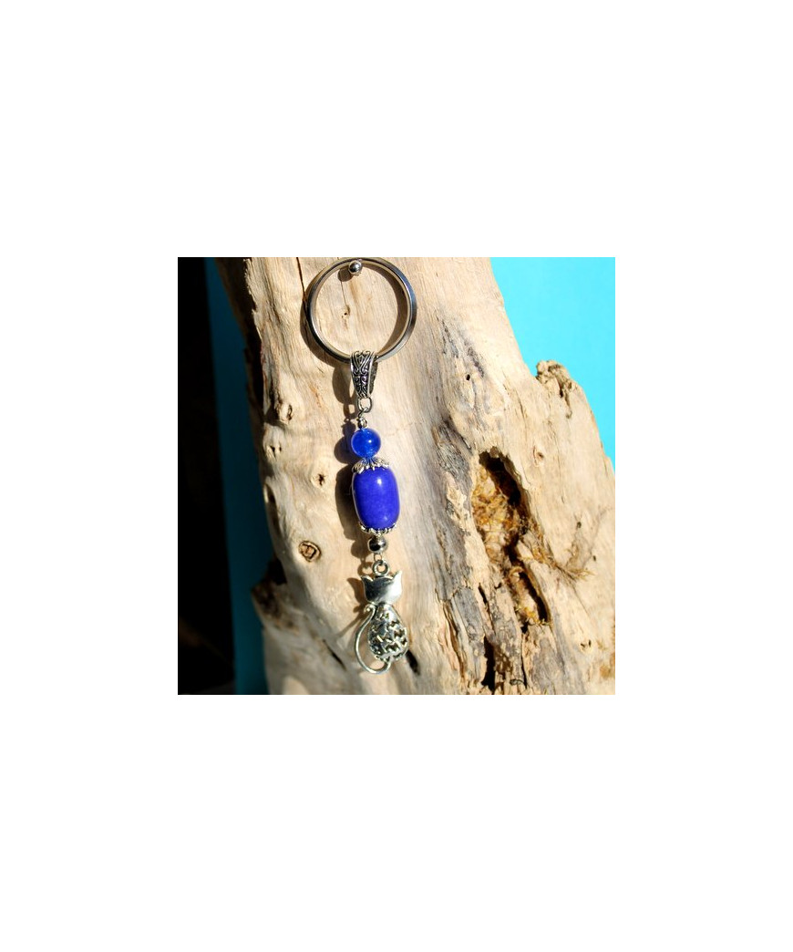 Porte-clefs Chat en Jade bleu et en Agate bleue