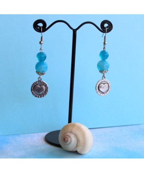 Boucles d'oreilles Cœur  en Agate bleue