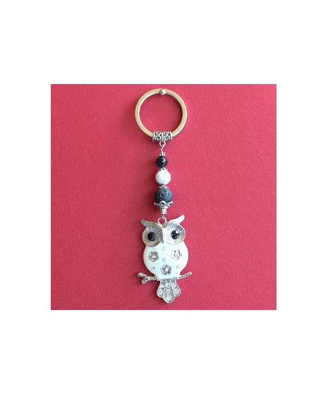 Porte-clefs Chouette en pierre de lave, Agate noire et Howlite