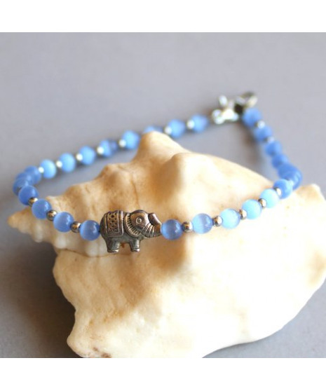 Bracelet Eléphant en Agate Œil de chat bleu