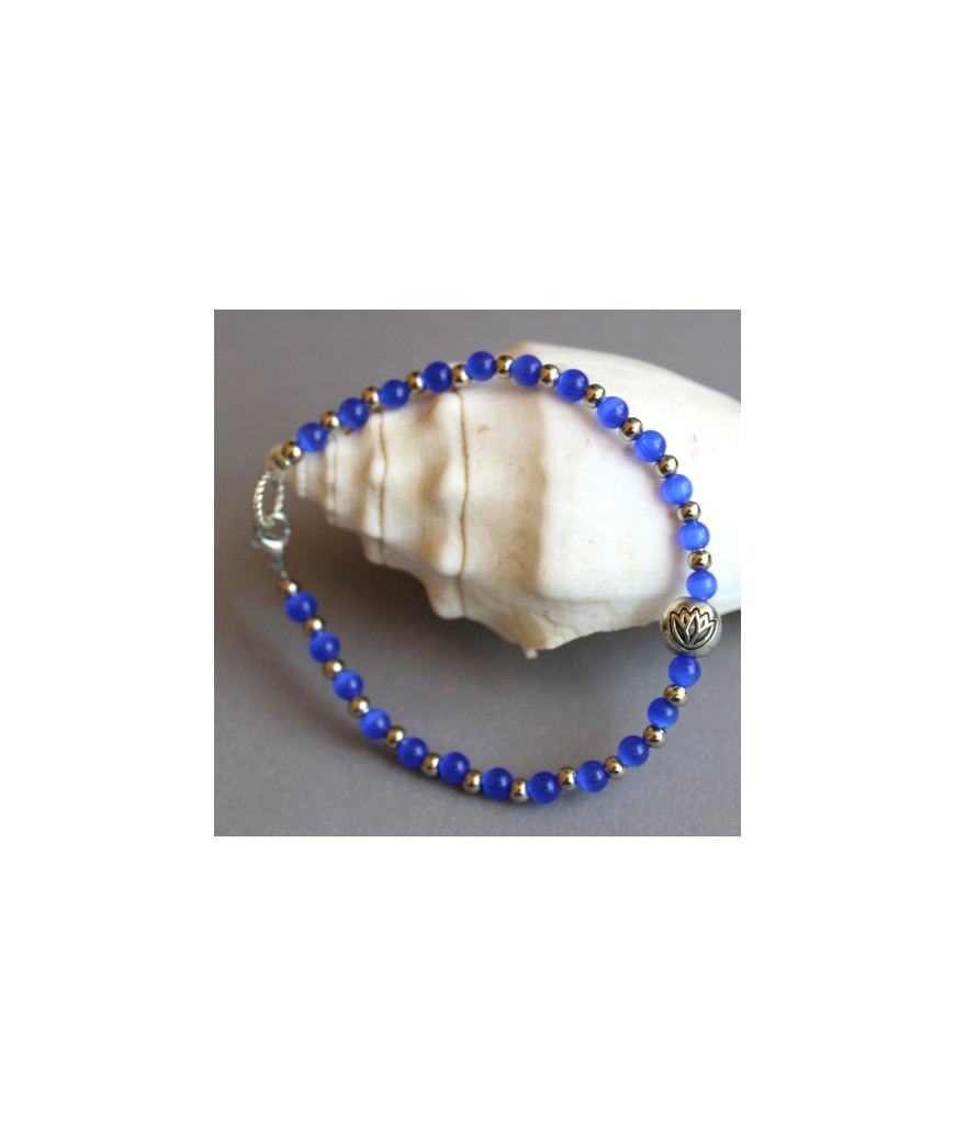 Bracelet Lotus en Agate Œil de chat bleu