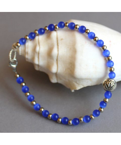 Bracelet Lotus en Agate Œil de chat bleu