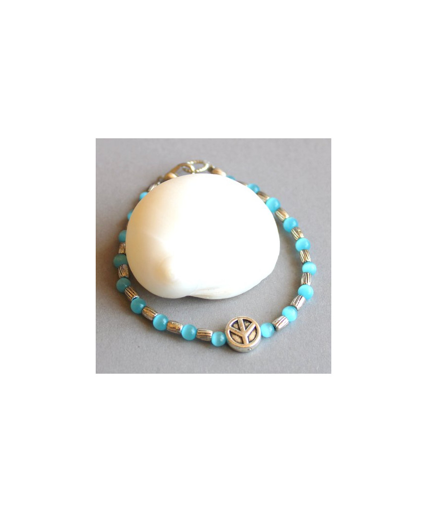 Bracelet Peace and Love en Agate Œil de chat bleu