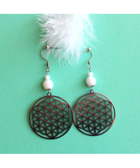 Boucles d'Oreilles Fleur de vie en Jade blanc