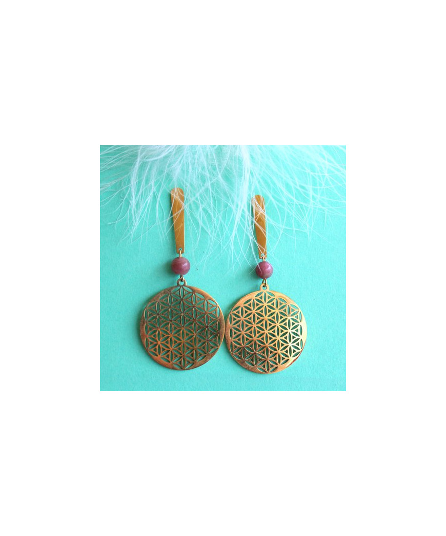 Boucles d'Oreilles Fleur de vie en Lépidolite