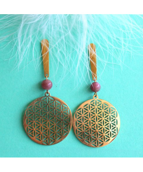 Boucles d'Oreilles Fleur de vie en Lépidolite