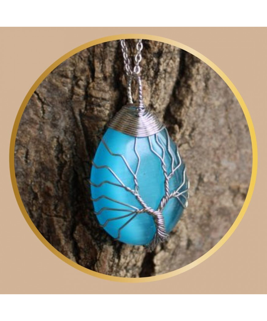Pendentif Arbre de Vie En Agate Œil de chat bleue