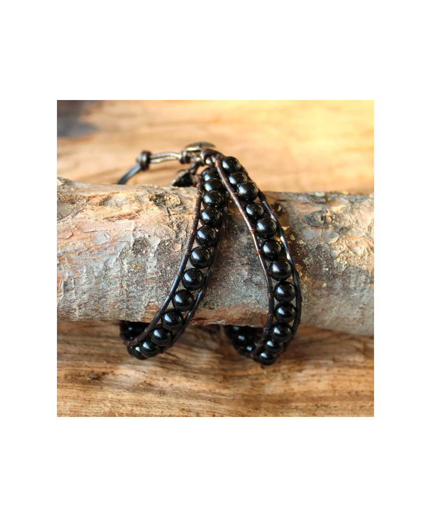 Double Bracelet Agate noire Wrap en cuir