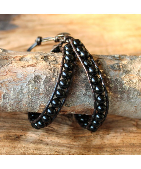 Double Bracelet Agate noire Wrap en cuir