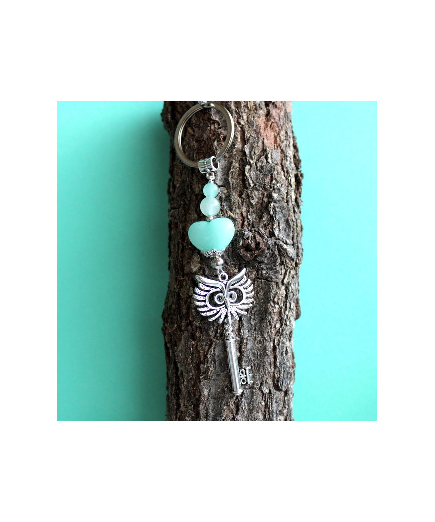 Porte-clefs Chouette Cœur  en Jade et Aventurine