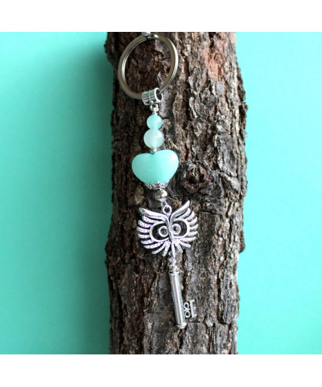 Porte-clefs Chouette Cœur  en Jade et Aventurine