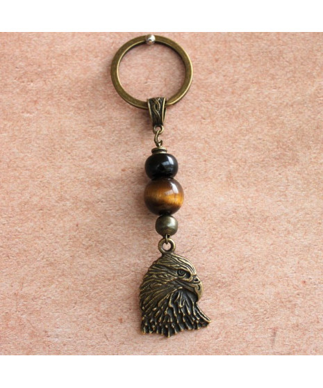 Porte-clefs Aigle en Œil de tigre et Agate noire