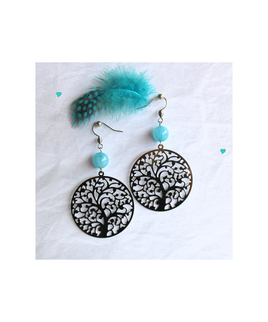 Boucles d'oreilles Arbre de vie filigranes en Agate bleue