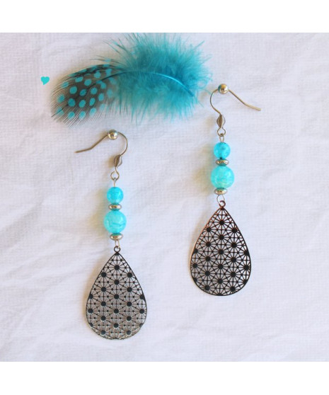 Boucles d'oreilles Fleur de vie filigranes en Agate bleue