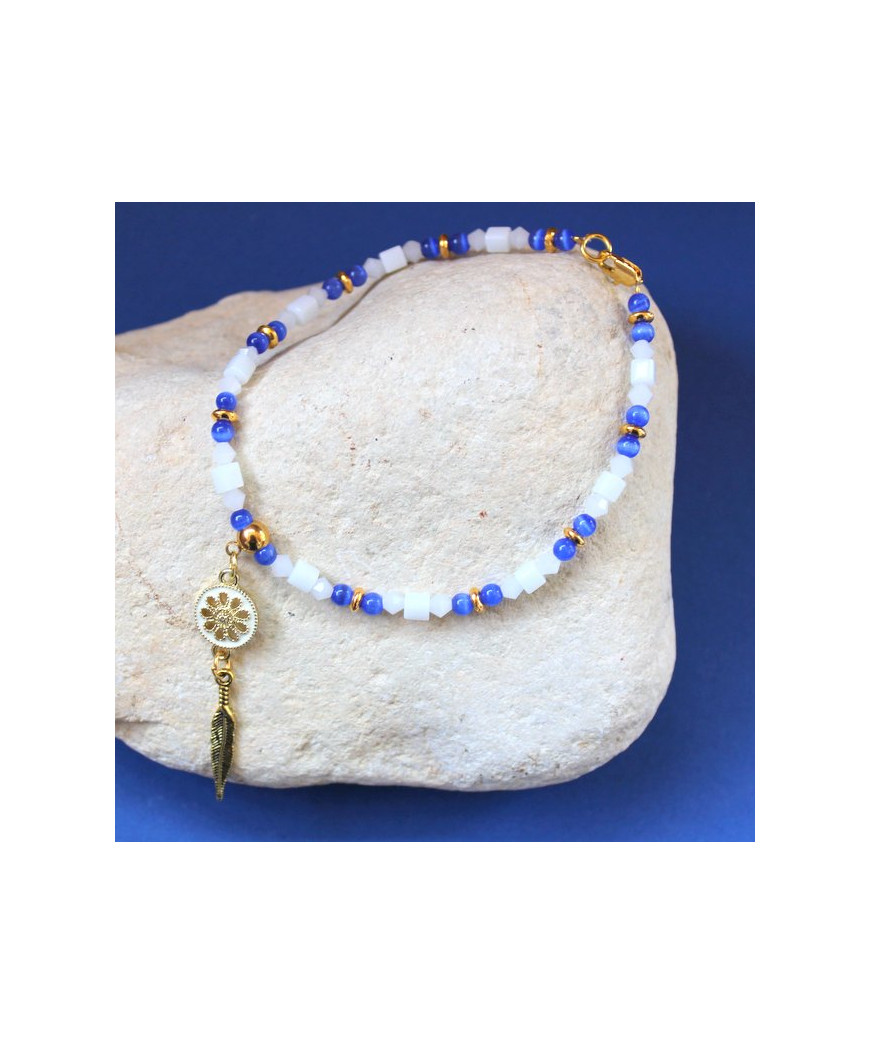 Bracelet de cheville Plume en Agate Œil de chat bleue