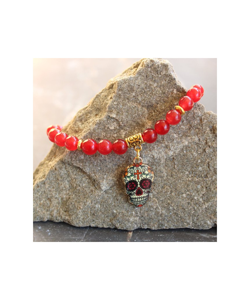 Bracelet Tête de Mort en Agate rouge