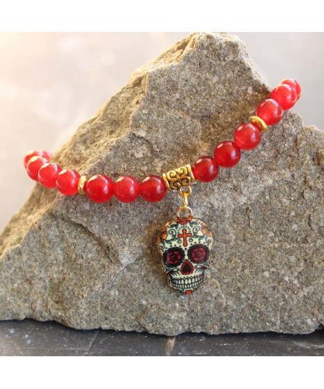 Bracelet Tête de Mort en Agate rouge