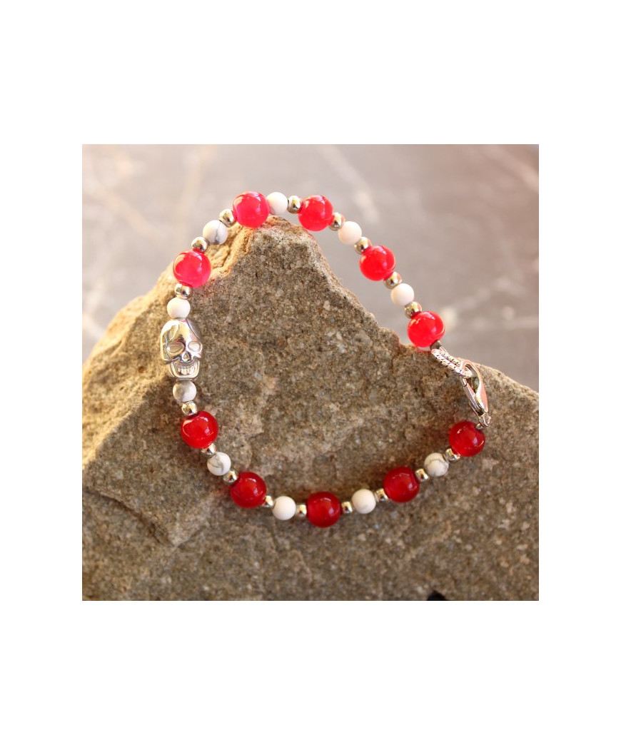 Bracelet Tête de Mort en Agate rouge et Howlite