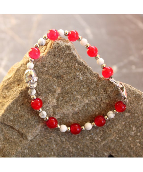 Bracelet Tête de Mort en Agate rouge et Howlite