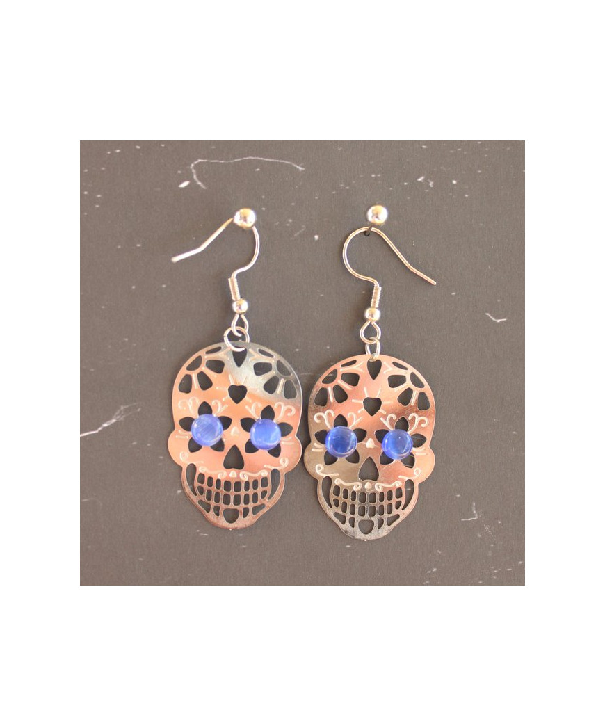 Boucles d'oreilles Tête de Mort en Agate Œil de chat bleu
