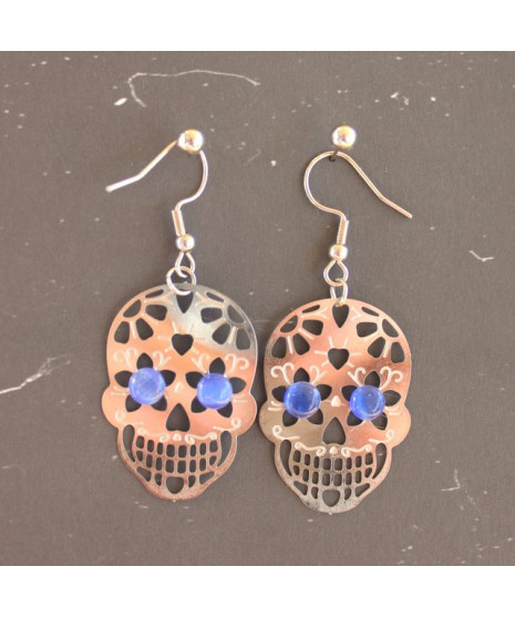 Boucles d'oreilles Tête de Mort en Agate Œil de chat bleu